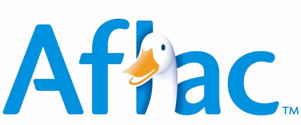 Aflac logo featuring the word "Aflac" in blue letters with a white duck's head replacing the letter "l." The duck has an orange beak and appears to be integrated into the text, creating a playful and recognizable brand for presentations like PowerPoint.