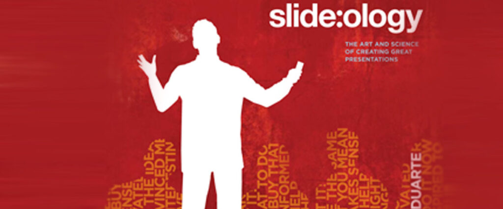 A book cover titled "slide:ology: The Art and Science of Creating Great Presentations." The cover features a silhouette of a person holding presentation tools, with text forming a cityscape at the bottom, against a red background, indicating its focus on improving your pitch deck skills.