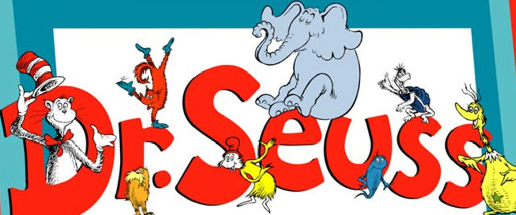 Colorful illustration of the text "Dr. Seuss" with characters from Dr. Seuss books, including The Cat in the Hat, the Lorax, Horton the Elephant, the Grinch, Sam-I-Am, and other whimsical creatures; perfect for adding a touch of whimsy to your pitch deck or presentation slide template.