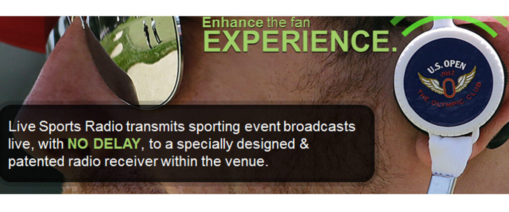 A close-up of a man wearing sunglasses and headphones branded with the U.S. Open logo. Text overlay reads: "Enhance the fan EXPERIENCE. Live Sports Radio transmits sporting event broadcasts live, with NO DELAY, to a specially designed & patented radio receiver within the venue. Ideal for your pitch deck presentation.