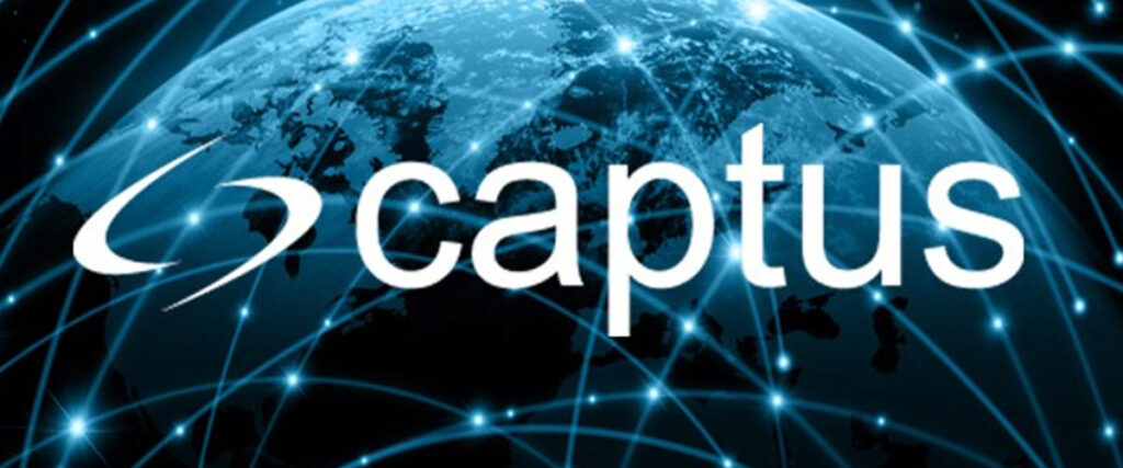 A slide template of the Earth at night with illuminated city lights, overlaid with interconnected lines to represent data connectivity. The word "captus" is prominently displayed in white text across the center of the PowerPoint.
