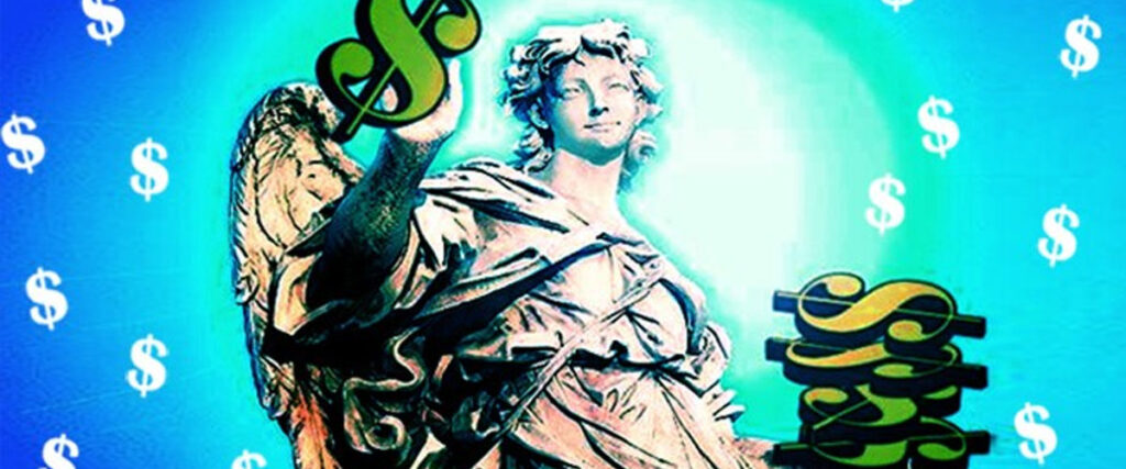A classical statue of an angel with wings is digitally altered to hold dollar signs in its hands. The background is a vibrant blue with numerous dollar signs scattered throughout. The overall theme suggests a link between wealth and divinity, making it perfect for a slide template.