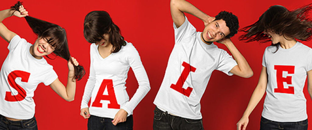 Four people stand in front of a red background, each wearing a white shirt with a large red letter printed on it, spelling out "SALE." They are playfully posing, with some pulling their hair and others leaning or twisting their bodies. This could add fun to your pitch deck or PowerPoint presentation.