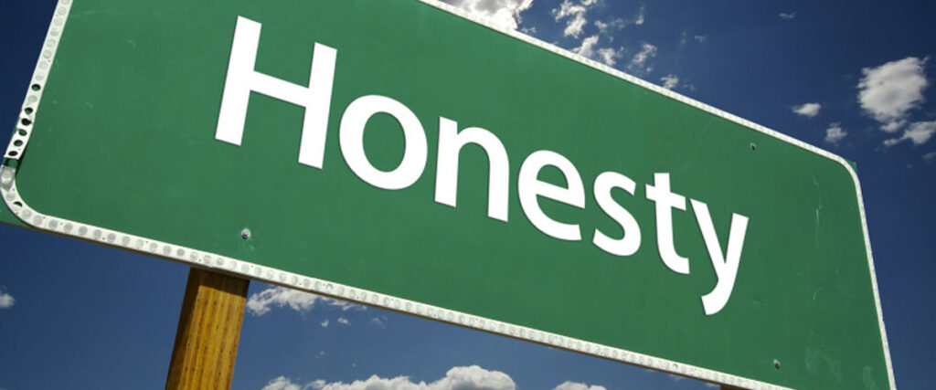 A green road sign with white bold text reads "Honesty," perfect for enhancing a PowerPoint slide template. The sign is set against a blue sky with some scattered clouds.