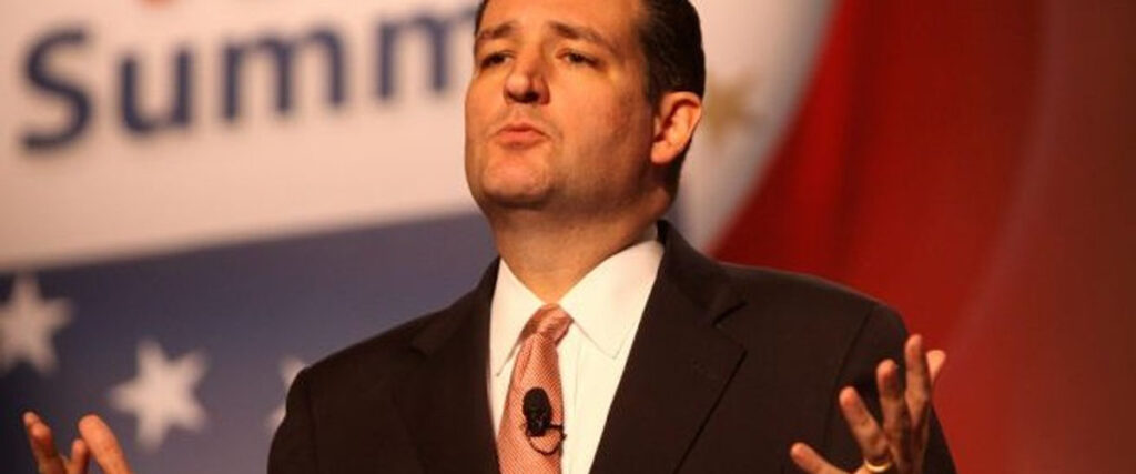 A man in a black suit, white shirt, and pink tie is passionately presenting on stage with his hands slightly raised. The blurred backdrop features a partial logo with the word "Summit" and elements of the American flag.
