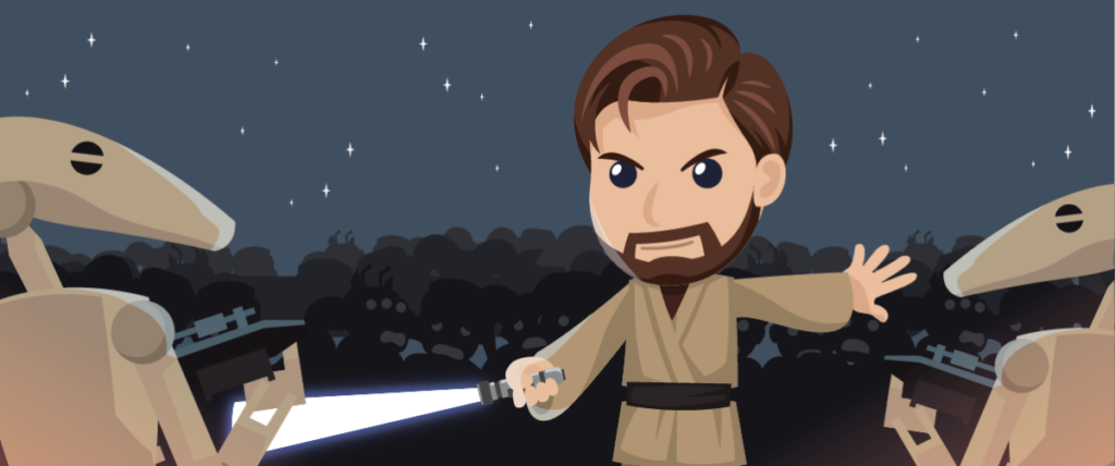 Cartoon depiction of a character holding a lightsaber, with their other hand raised in a gesture. The character is surrounded by two robot-like figures pointing weapons at them, set against a night sky filled with stars. Perfect for adding an engaging visual to your presentation or pitch deck.