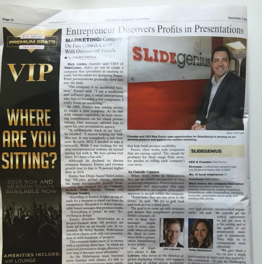 A magazine page with an article titled "Entrepreneur Discovers Profits in Presentations" features an image of a person smiling next to a screen displaying "SlideGenius." This engaging piece, worthy of the San Diego Business Journal, includes text and smaller images of people.