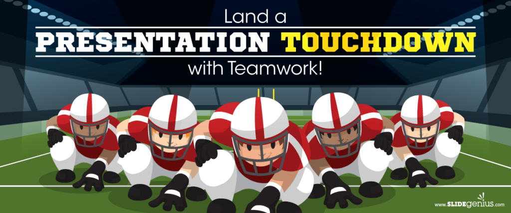 An illustration of a football team in red and white uniforms crouched in starting positions on a field, ready to play. The text above them reads, "Land a PRESENTATION TOUCHDOWN with Teamwork!" The background shows a stadium, emphasizing the power of collaboration for your next pitch deck.