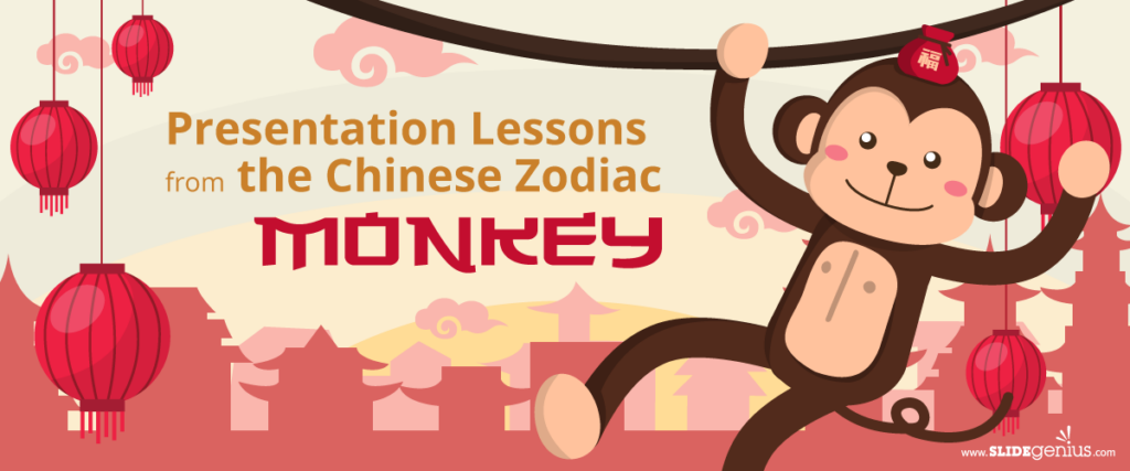 An illustration featuring a playful monkey swinging on a rope against a backdrop of traditional Chinese architecture and red lanterns. The text reads, "Presentation Lessons from the Chinese Zodiac: Monkey." The scene is branded with "slidegenius.com," emphasizing valuable insights for your next PowerPoint pitch deck.