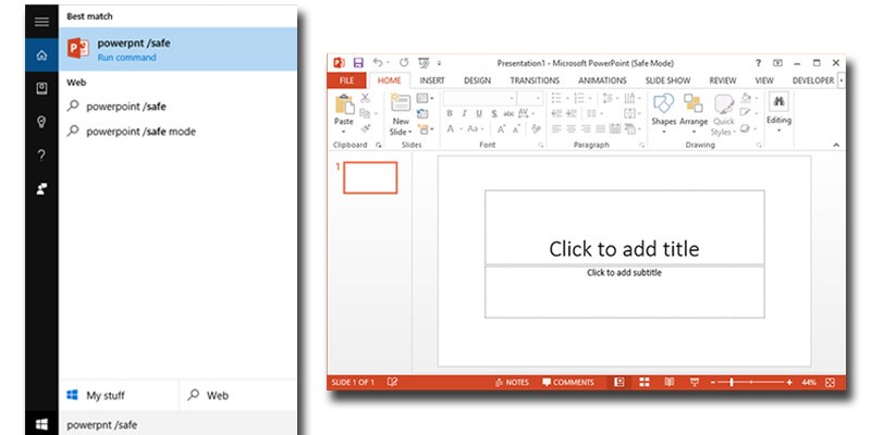 windows 10: PowerPoint 2013 in safe mode