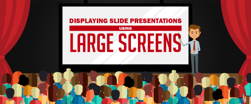 Illustration of a speaker standing in front of a large screen displaying the text "Slide Presentations Using Large Screens." The audience consists of diverse people sitting in rows, facing the screen, in a theater-like setting with red curtains. The slide template is modern and visually engaging.