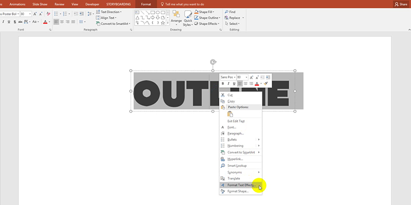 Outline Text Fonts in PowerPoint 2013 Tips:  Format text effect
