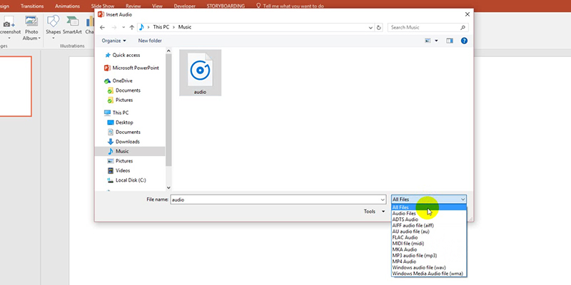 Embed audio in PowerPoint 2013: select audio file
