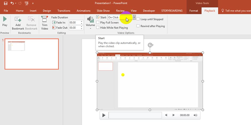 Set the Playback Options in PowerPoint 2013 Tutorials: Start on Click