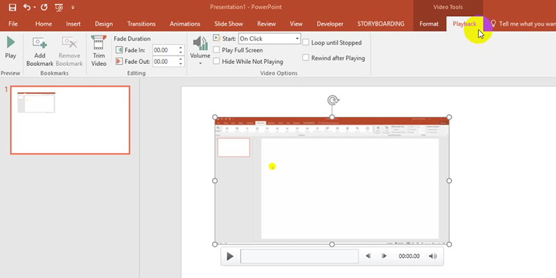 Set the Playback Options in PowerPoint 2013 Tutorials: Video tools ></noscript> Playback” width=”800″ height=”400″></a>2. Check the <strong>Hide While Not Playing</strong> box under the <strong>Video Options</strong>.</p>
<p><strong><em><a href=
