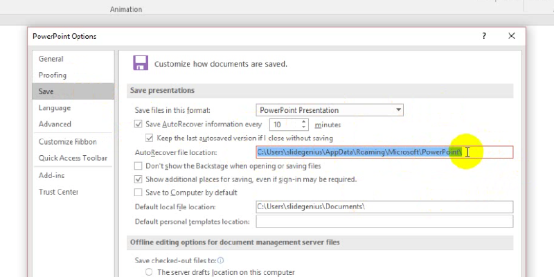 recover your unsaved file in PowerPoint 2013: autorecover file location