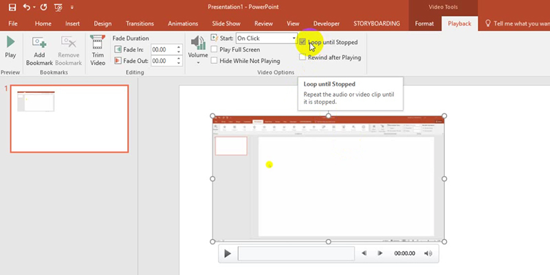 Set the Playback Options in PowerPoint 2013 Tutorials: Loop until Stopped