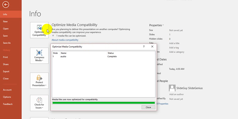 Embed audio in PowerPoint 2013: optimize media compatibility