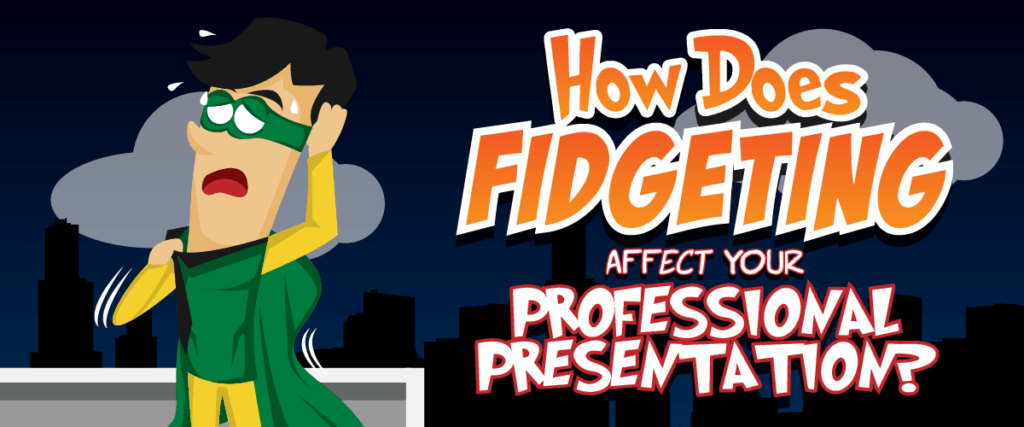Illustration of a comic-style character nervously adjusting their superhero cape and mask. The text reads, "How Does Fidgeting Affect Your Professional Presentation?" The background includes a city skyline at night, reminiscent of transitioning from one PowerPoint slide to the next.
