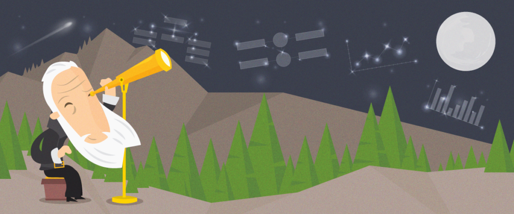 A cartoon of an elderly person with white hair and beard looking through a telescope on a mountainous terrain. The night sky displays stars, constellations, space objects, and a full moon. Pine trees are in the foreground, creating a serene backdrop perfect for a presentation slide template.