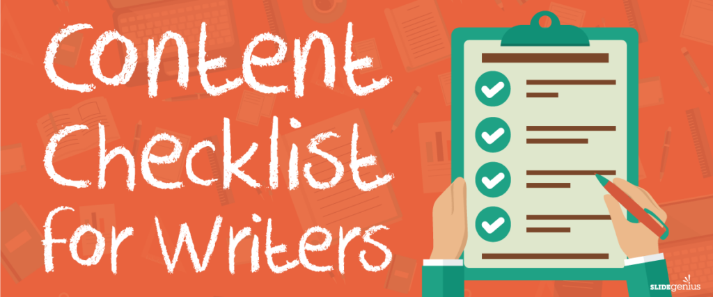 Illustration of a person holding a clipboard with a content checklist. The text reads "Content Checklist for Writers." The background features various writing tools like notebooks, pens, glasses, and coffee cups—perfect for preparing your next pitch deck or presentation.