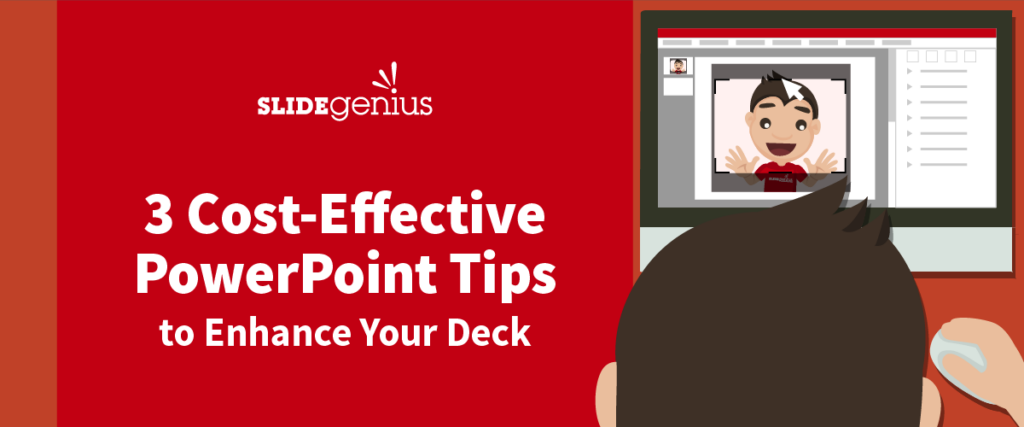 A person viewing a computer screen with a character on a video call waving, accompanied by the text "3 Cost-Effective PowerPoint Tips to Enhance Your Pitch Deck" and the logo "SlideGenius." The background is predominantly red and white.