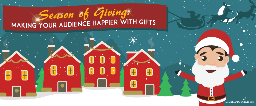 A festive banner featuring the text "Season of Giving: Making Your Audience Happier with Gifts" against a snowy night backdrop. Santa Claus stands to the right, smiling and waving, with red houses and pine trees on the left, and a sleigh in the sky. Perfect for your holiday slide template.