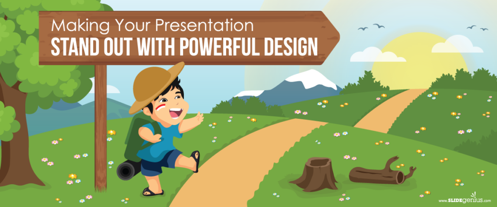 A cheerful cartoon hiker with a hat and backpack walks along a path through a scenic countryside with mountains and a bright sun in the background. A wooden sign reads "Making Your Presentation Stand Out with Powerful Design." Birds are flying in the sky, enhancing the peaceful scene.