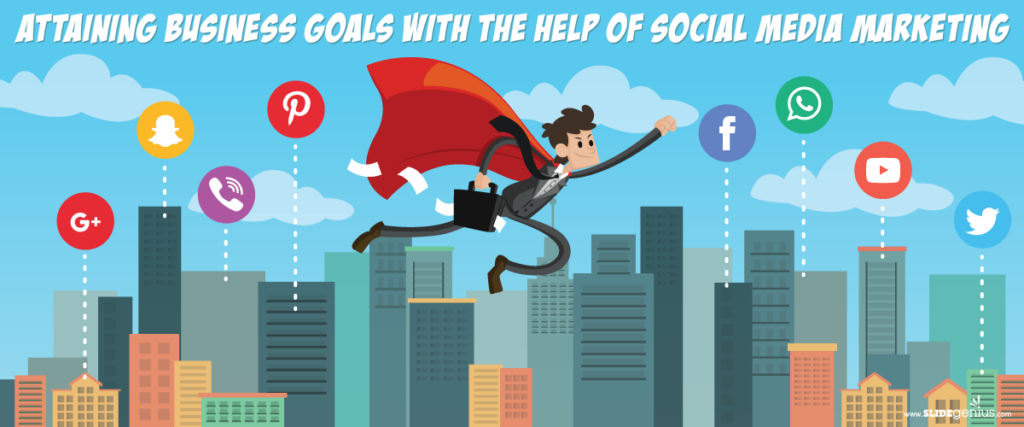 Cartoon of a businessman in a suit and red cape, holding a briefcase, flying over a cityscape. He is surrounded by various social media icons (Snapchat, Google Plus, LinkedIn, Pinterest, Instagram, Facebook, Twitter, WhatsApp) with a caption reading "Attaining Business Goals with the Help of Social Media Marketing" – perfect for your next pitch deck presentation.