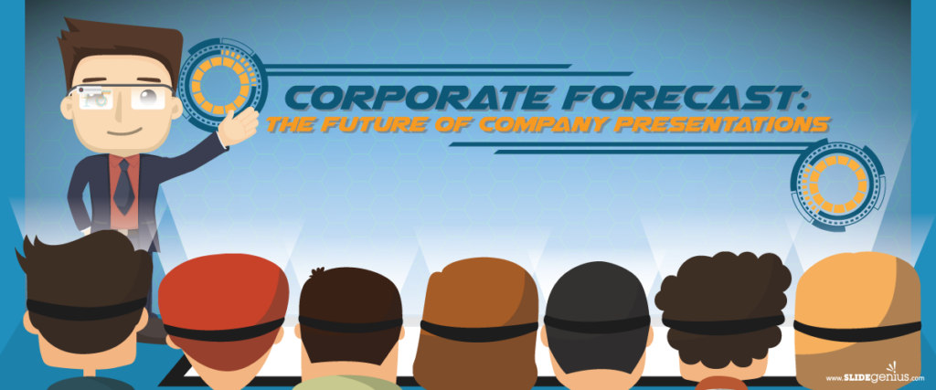 An illustration of a man wearing glasses and a suit, pointing at a large presentation screen. The slide displays the title "Corporate Forecast: The Future of Company Presentations" in a professional setting, with an audience of six people watching attentively.