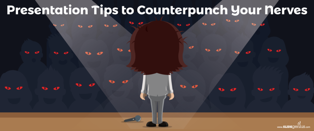 A person stands on stage facing an audience with red, glaring eyes, symbolizing nervousness. The spotlight is on them, with a dropped microphone at their feet. The text above reads, "Presentation Tips to Counterpunch Your Nerves," accompanied by crucial guidance for perfecting your pitch deck.
