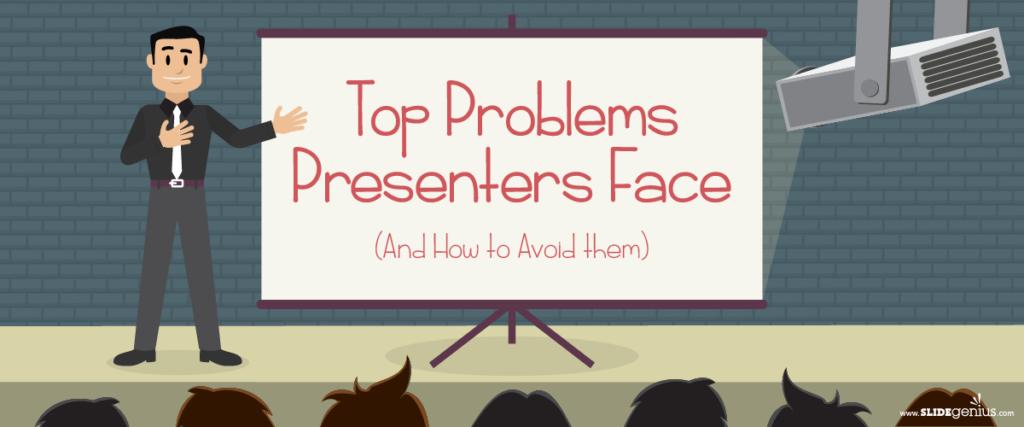 A cartoon presenter stands beside a PowerPoint slide titled "Top Problems Presenters Face (And How to Avoid Them)" in a room with a brick wall background. A few audience members are partially visible in the foreground.