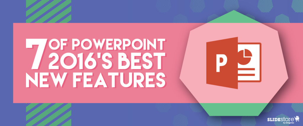 A colorful banner with the text "7 of PowerPoint 2016's Best New Features." The background blends pink, blue, and green colors. A hexagon shape highlights the PowerPoint logo in the center, featuring a "P" and a presentation slide icon.