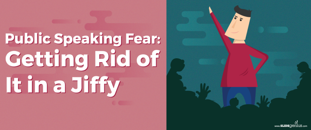 Illustration of a confident person gesturing while standing on a stage. A crowd with raised hands is in front. The text reads, "Public Speaking Fear: Getting Rid of It in a Jiffy." The scene has a red and teal background with abstract shapes, resembling elements from a dynamic pitch deck presentation.