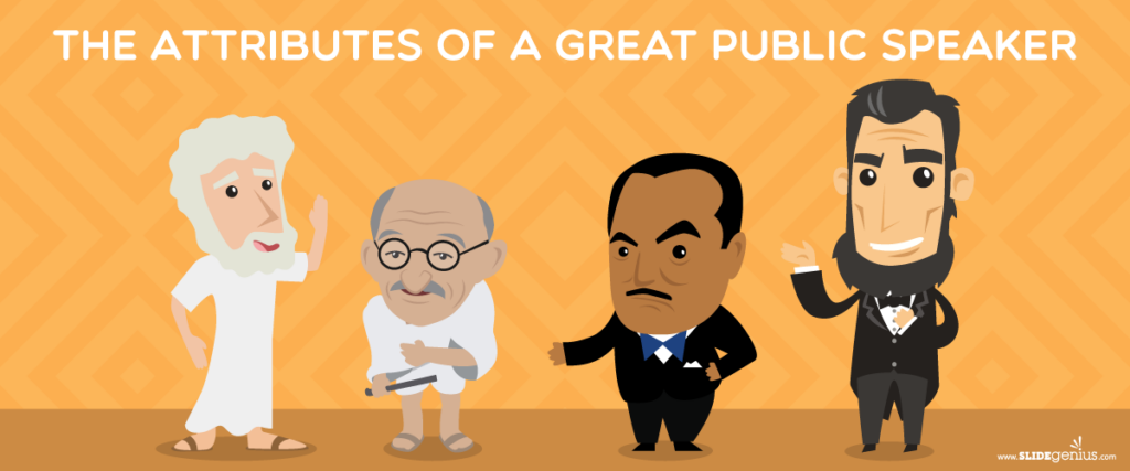 Illustration of four historical figures with the title "THE ATTRIBUTES OF A GREAT PUBLIC SPEAKER" above them. From left to right: a bearded man in robes, a bald man in glasses and traditional attire, a stern man in a suit, and a tall man with a beard in formal wear. Perfect for enhancing your presentation slide.