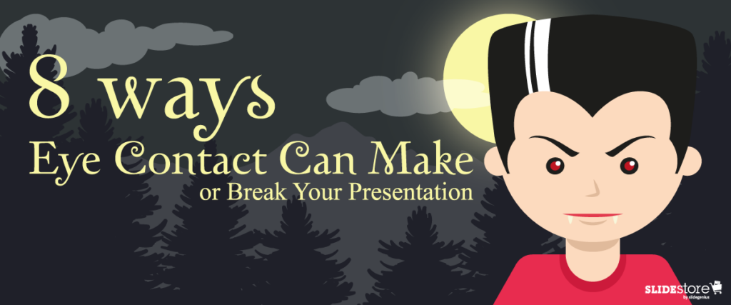 Illustration of a person with red eyes and stylized hair against a nighttime forest background, with a large moon. Text reads "8 ways Eye Contact Can Make or Break Your Presentation." SlideStore logo is in the bottom right corner, ideal for enhancing your pitch deck or slide template.