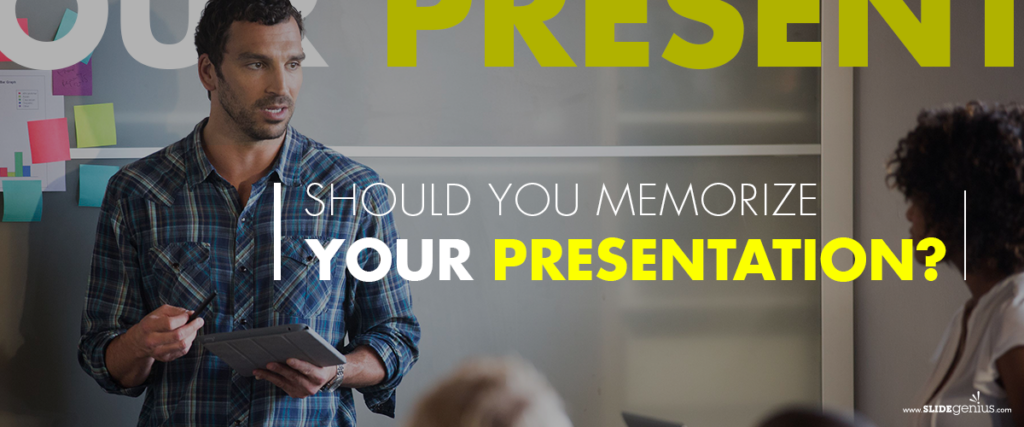 A man holding a tablet is presenting in a conference room filled with people. The text overlaid reads, "Should You Memorize Your Presentation?" Bright post-it notes are visible in the background. The presentation appears to be part of a pitch deck from suzgeenius.com.