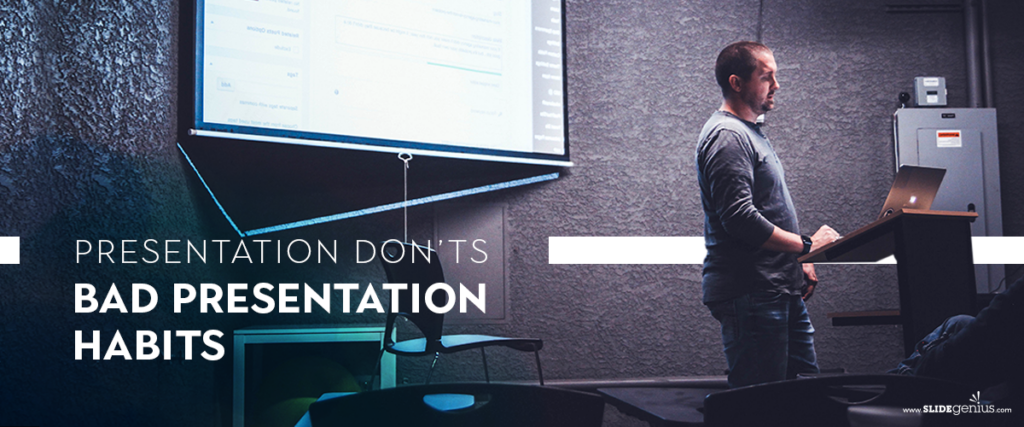 A man stands at a podium giving a presentation. The screen behind him displays a slide titled "PRESENTATION DON'TS: BAD PRESENTATION HABITS." The room has a grey textured wall, with some chairs visible in the foreground.