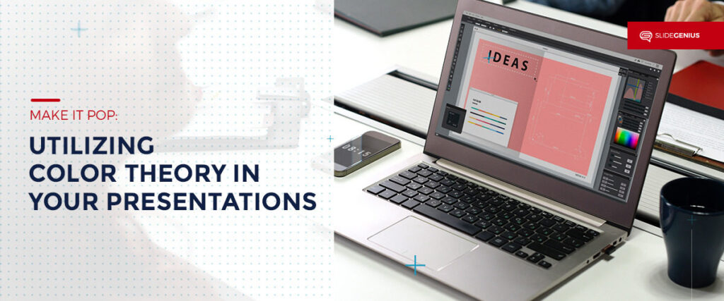 A laptop on a desk displays a pink-themed slide with the title "IDEAS" on the screen. The text "MAKE IT POP: UTILIZING COLOR THEORY IN YOUR PRESENTATIONS" appears on the left side, with the SlideGenius logo in the top right corner. A smartphone and a coffee cup are also on the desk, enhancing the presentation setup.