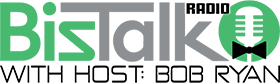 Logo for BisTalk featuring the name in green and gray letters. The "o" is stylized with a circular green design resembling a microphone and sound waves. Perfect for your next pitch deck, the text underneath says "Business Topics You Care About" in smaller, black font.