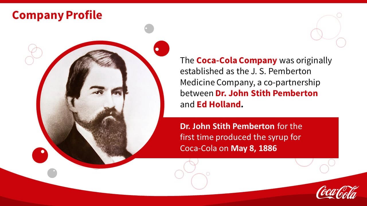 A company profile presentation featuring a black-and-white portrait of Dr. John Stith Pemberton. The description highlights the Coca-Cola Company, initially founded as the J.S. Pemberton Medicine Company with Ed Holland, and details the first production of Coca-Cola syrup on May 8, 1886.