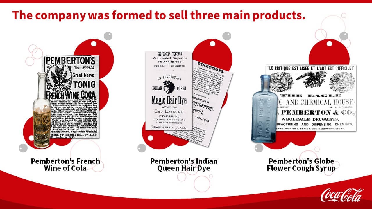 The pitch deck features three main products by Pemberton: French Wine of Cola, Indian Queen Hair Dye, and Globe Flower Cough Syrup. Each product is accompanied by historical text. The Coca-Cola logo is positioned in the bottom right corner.