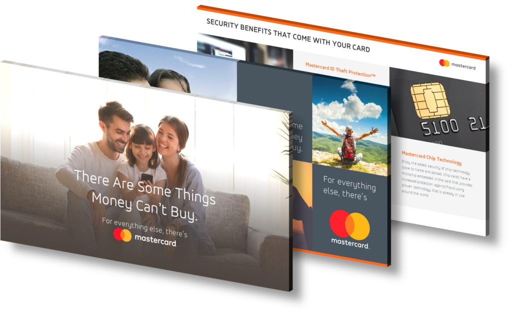Three Mastercard advertisements are showcased in a 3D carousel view, perfect for a compelling pitch deck. The first features a smiling family with the text, "There are some things money can't buy." The second and third highlight security benefits and chip technology. All include the Mastercard logo.