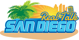A logo with palm trees, a rising sun, and the San Diego city skyline. The text reads "Real Talk San Diego" in bold, blue font with an old-style microphone icon beside the word "Talk." Perfect for your next PowerPoint presentation or pitch deck, it also features a sandy area at the bottom.