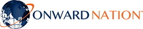 Logo of "Onward Nation" featuring a stylized, partially transparent blue and white globe with an orange arc around it, positioned to the left of the text "Onward Nation." This design makes for an ideal presentation slide template. "Onward" is in blue, and "Nation" is in orange.
