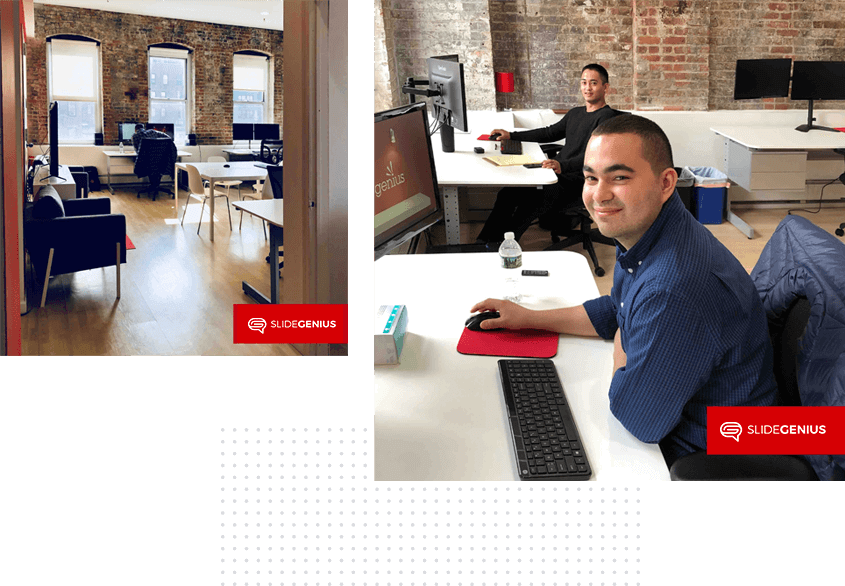 Two visuals are shown. The left features a modern office space with brick walls, large windows, and multiple desks. The right shows two men working at computers in a similar setting. Both include the SlideGenius logo in the bottom right, emphasizing their expertise in creating slide templates for presentations.