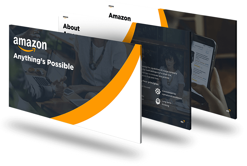 Three overlapping Amazon-themed presentation slides showcase a sleek slide design. The first slide, partially visible, reads "Anything's Possible" with the Amazon logo. The second slide says "About," and the third slide presents a phone along with text details featuring icons related to services and goals.