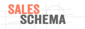 The slide displays the text "SALES SCHEMA" in capital letters, with "SALES" in orange and "SCHEMA" in gray. The text is set against a white background with faint gray lines and a partial circle sketch, resembling a design or technical drawing.
