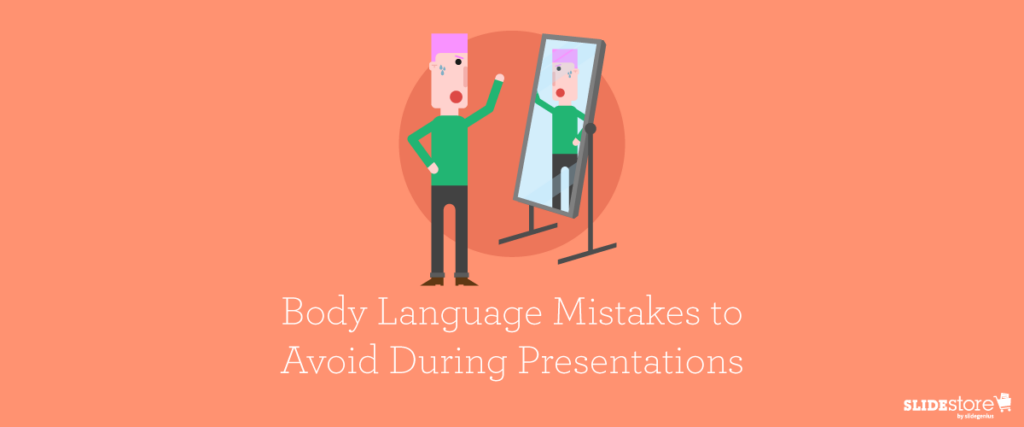 An illustration of a person standing in front of a mirror, gesturing animatedly. The text reads, "Body Language Mistakes to Avoid During Presentations." The muted orange background complements the SlideStore logo in the bottom-right corner, making it an ideal PowerPoint slide template.