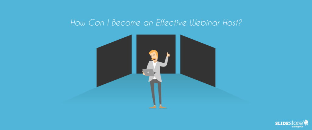 A cartoon character in a white jacket stands and gestures with one hand while holding a laptop with the other. The light blue background features three large black rectangular shapes and the text "How Can I Become an Effective Webinar Host?" at the top, conveying tips for using a PowerPoint slide template effectively.